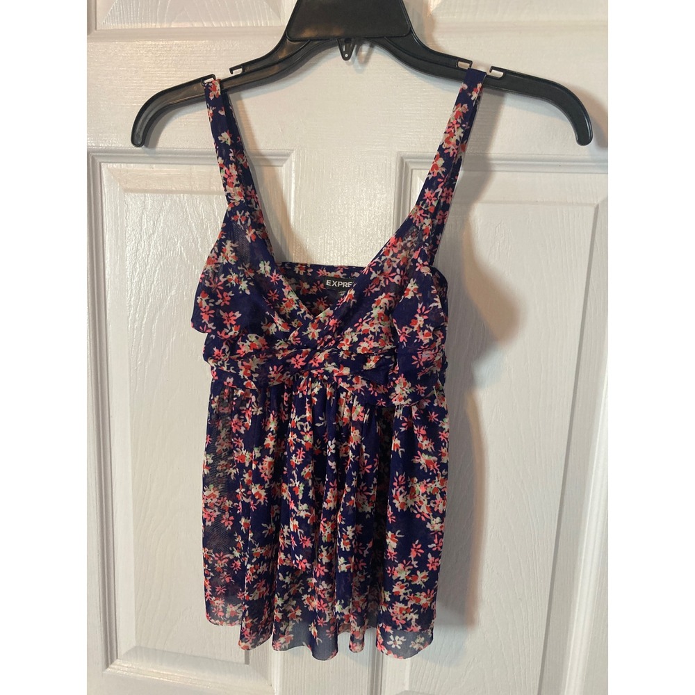 Express Navy Floral Ruffle Tank Top